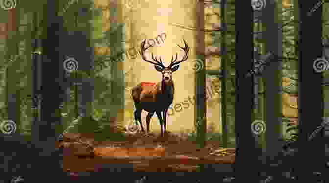 A Majestic Deer Standing Amidst A Lush Forest, Its Antlers Reaching Towards The Sky. Forest Life And Woodland Creatures