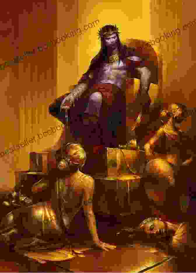 King Midas Sitting On A Throne Made Of Gold, Surrounded By Gold Coins. Once Upon A Time There Was A Greedy King